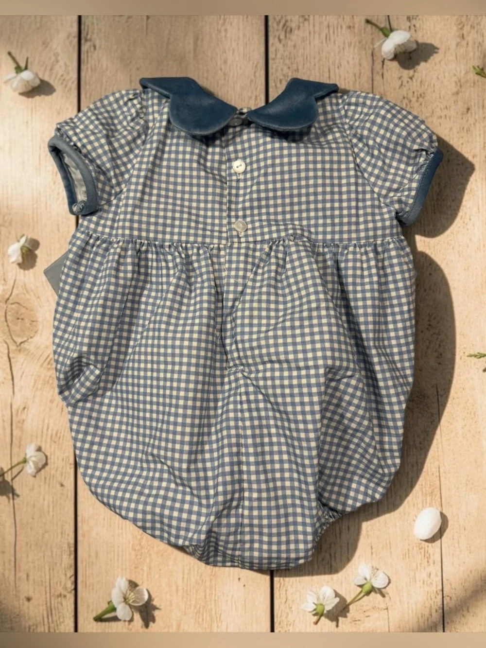 NEW!!  Edgehill Collection Blue and White Gingham Baby Romper with Velvet Collar